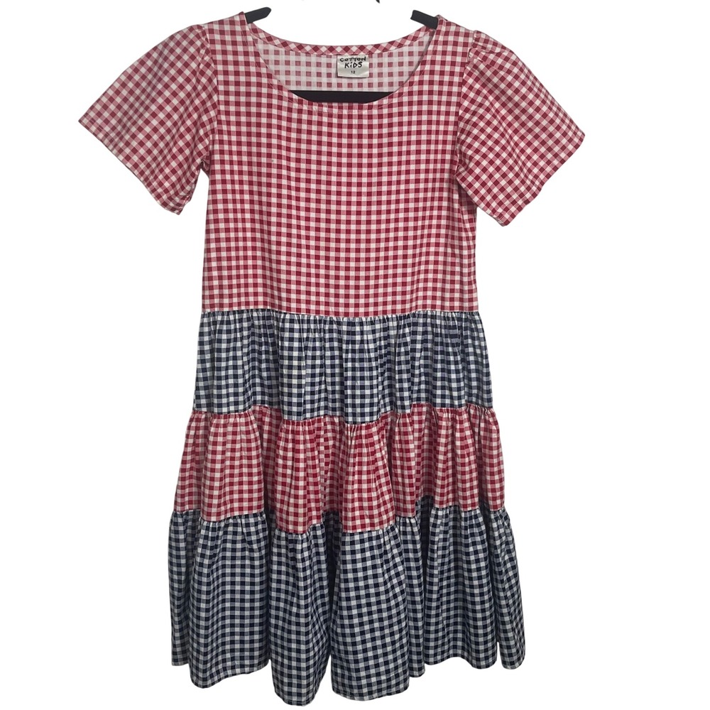 Cotton Kids Size 12 Vintage Patriotic Gingham Dress Red White Blue USA Made